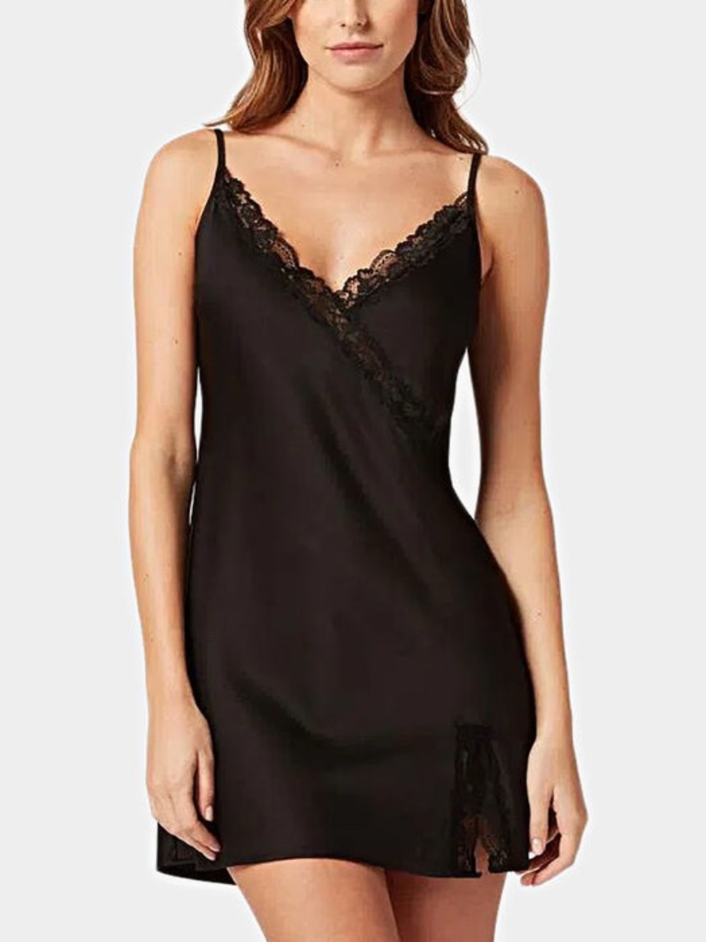Yamamay Black Lace Trim Front Slit Mini Lingerie Slip Dress Sz S